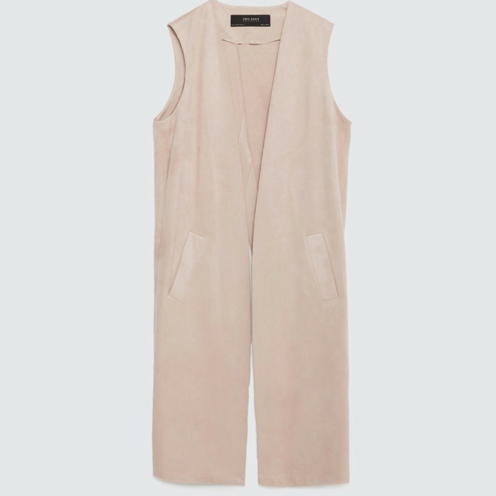 ENTRY Open Front and Back Casual Collared long Beige Sleeveless Vest